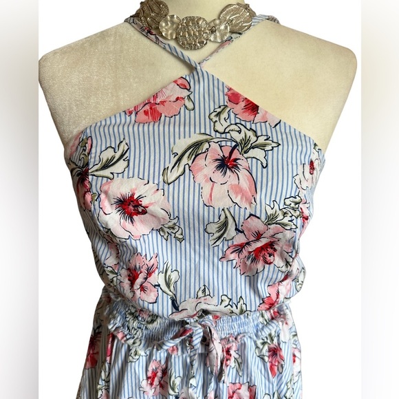 Venus Floral Striped Triangular High Neck Halter Dress - Picture 3 of 6